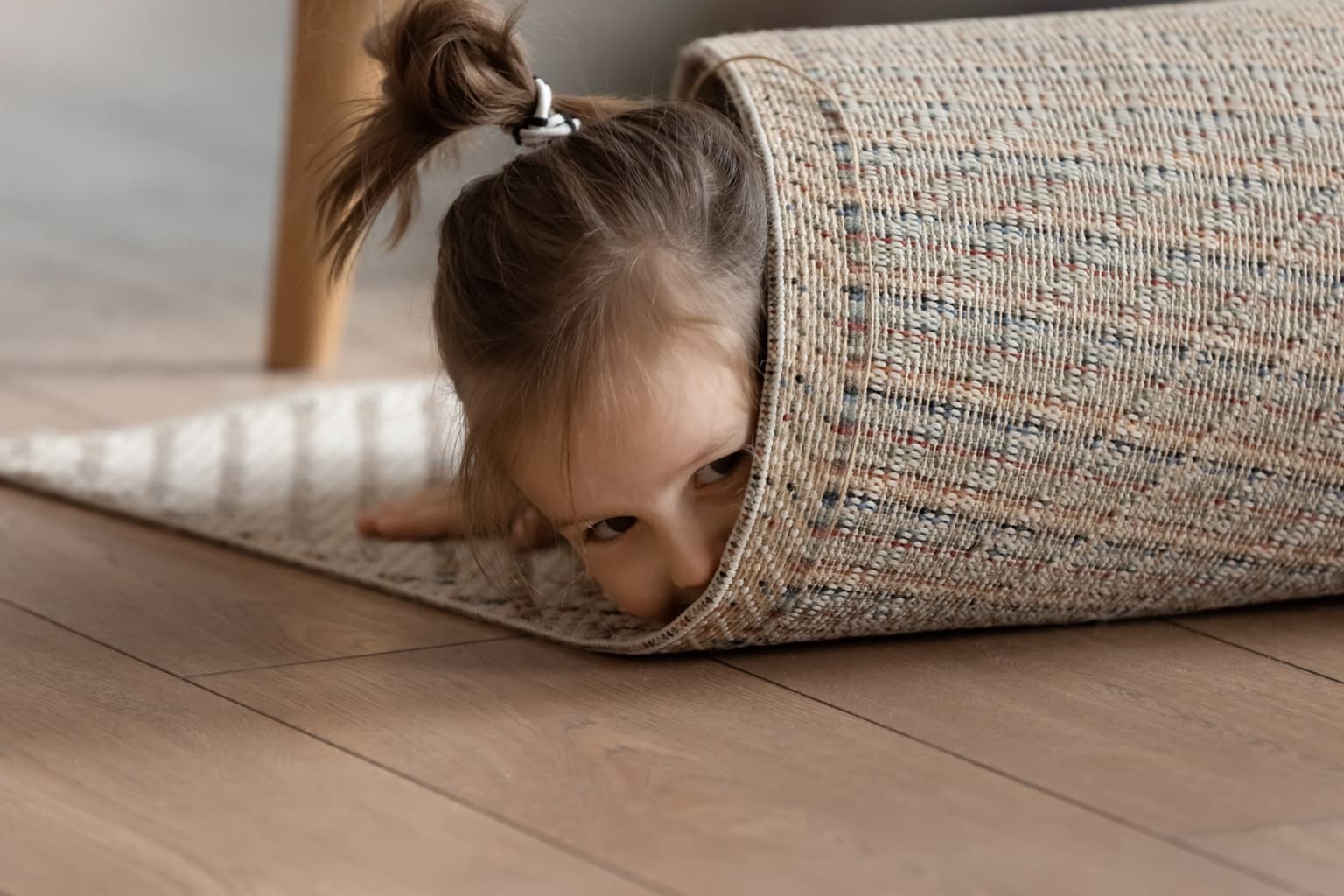 Child and puppy on freshly cleaned carpet